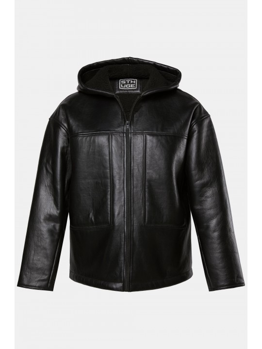 Μπουφάν δερμάτινο, oversized με κουκούλα, STHUGE